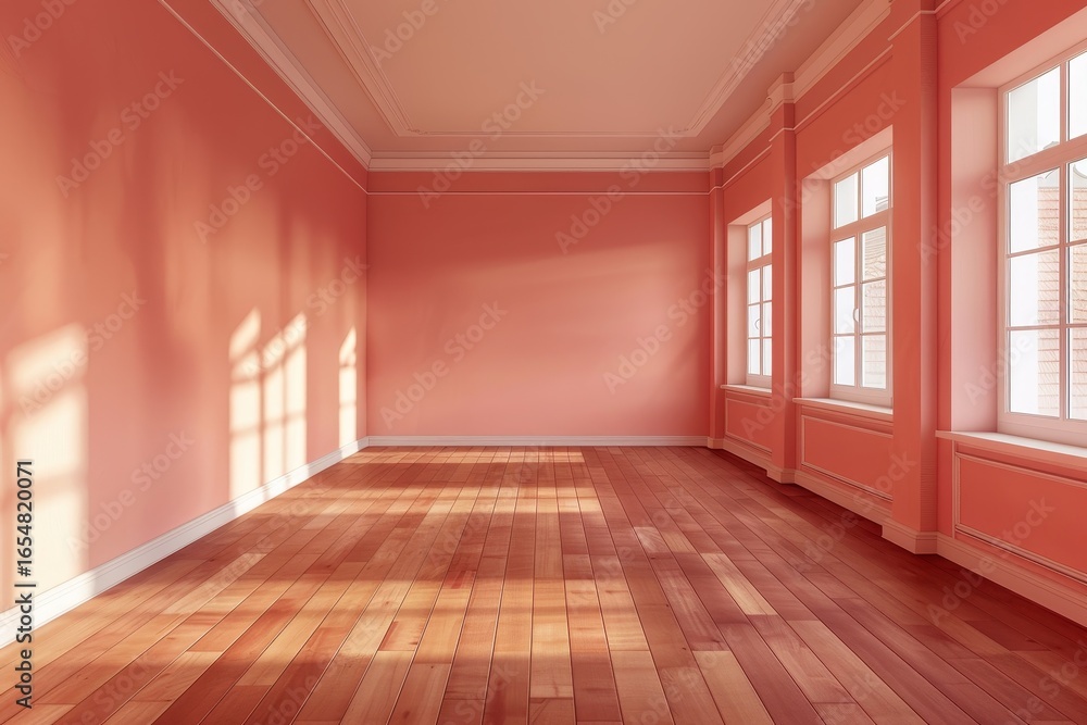 Obraz premium An empty, sunlit room with coral-pink walls and a wooden floor. Sunlight casts soft shadows across the hardwood floors, highlighting the architectural details.
