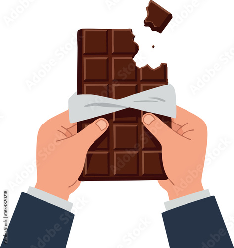 Hands Holding Partially Unwrapped Chocolate Bar with Bite Taken Sweet Treat Snack 