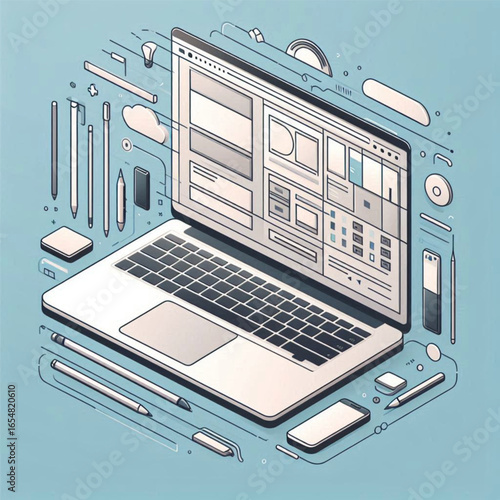 A modern laptop surrounded by design tools and stationery, illustrating digital creativity and productivity