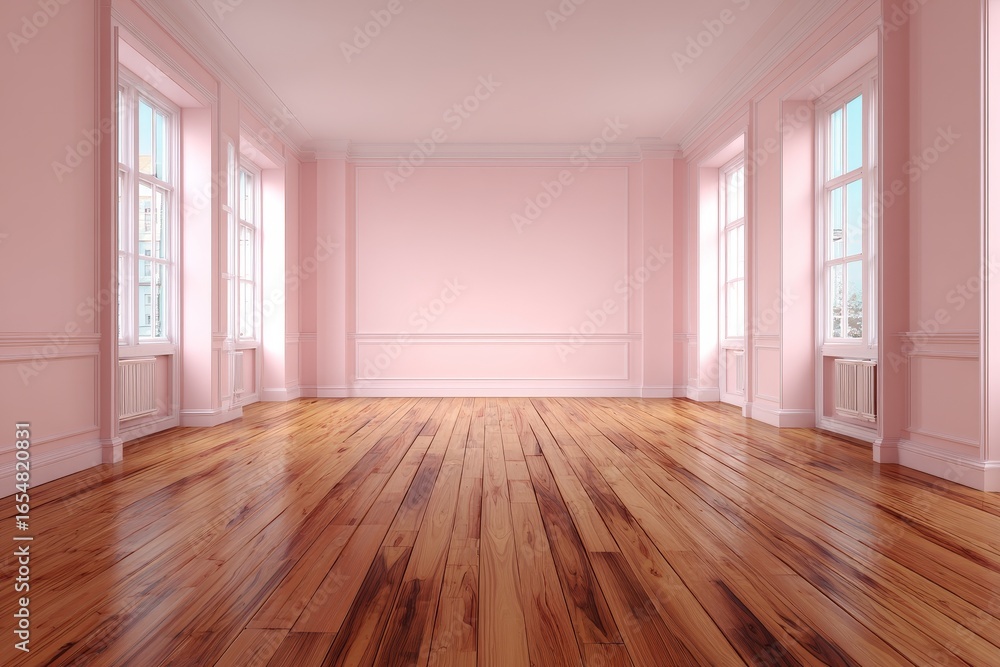 Obraz premium An empty, light-filled room with pale pink walls and a warm-toned wooden floor showcases classic architectural details.