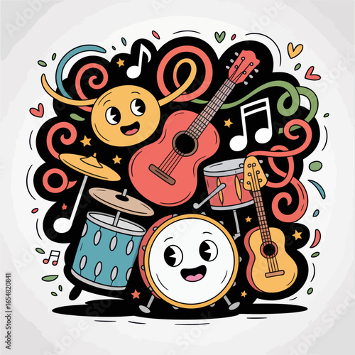 A colorful cartoon-style illustration of musical instruments, including guitars, drums, a cymbal, and a smiling, anthropomorphic face.