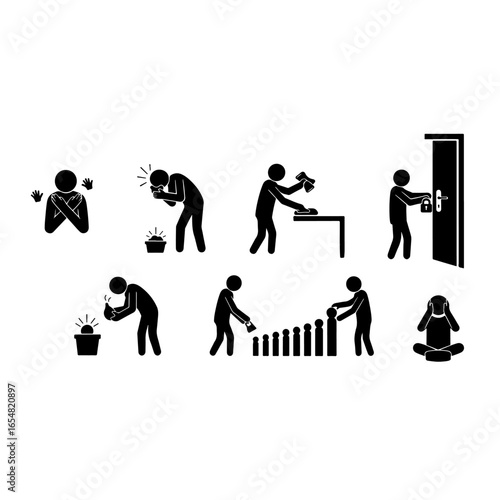 OCD compulsive behavior silhouette icons cleaning locking dominoes meditating and more vector illustration