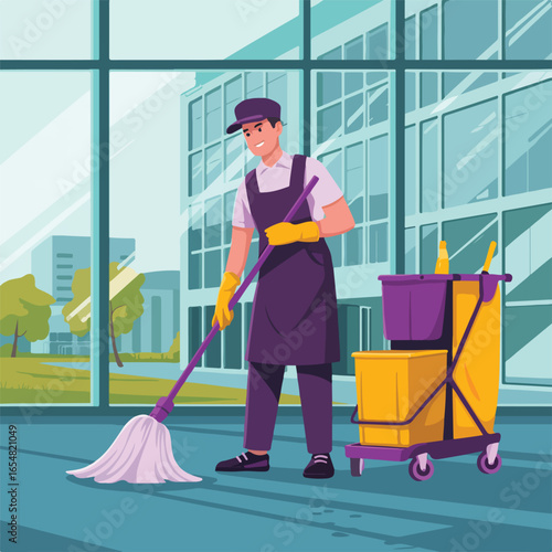 Man in uniform mopping floor in front of large windows with cleaning cart in a building interior scene