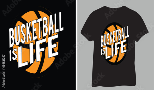 A black t-shirt mockup featuring a graphic with the text Basketball is Life overlaid on a stylized basketball.