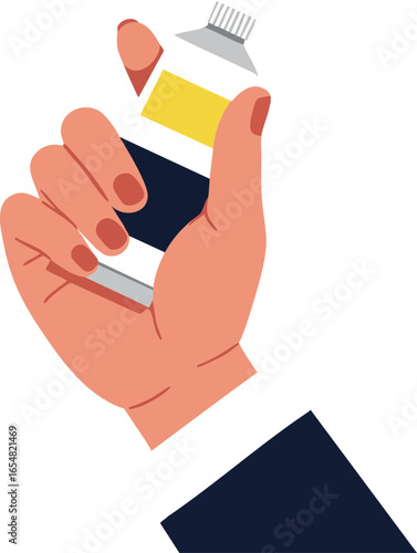 Hand holding paint tube with red fingernails and black sleeve vector illustration 