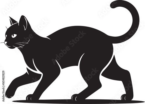 A simple black and white vector illustration of a domestic cat silhouette with a long tail