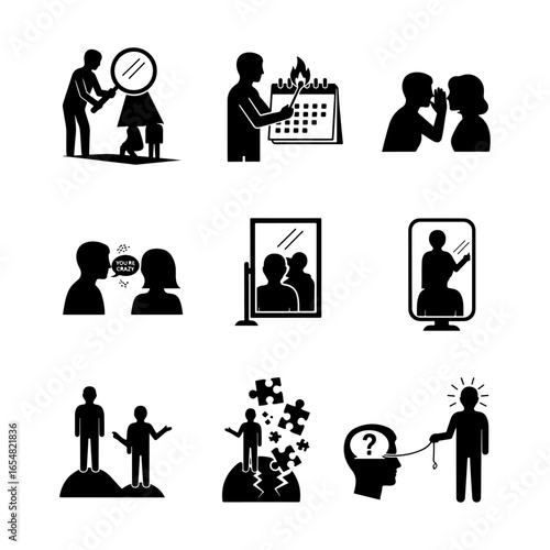 gaslighting psychological manipulation and mental health issues black and white vector icons set illustration