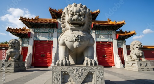 Wallpaper Mural Traditional Chinese Temple Gate with Majestic Stone Guardian Lions and Ornate Architecture Torontodigital.ca