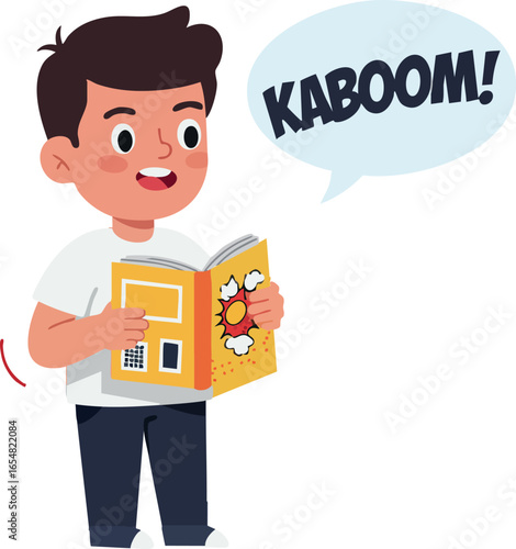 Boy Reading Comic Book Saying Kaboom Expressive Child with Book Vector Illustration 