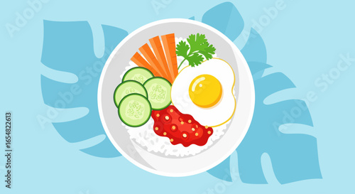 A vibrant and appetizing bibimbap bowl featuring rice, a fried egg, assorted vegetables, and chili sauce.