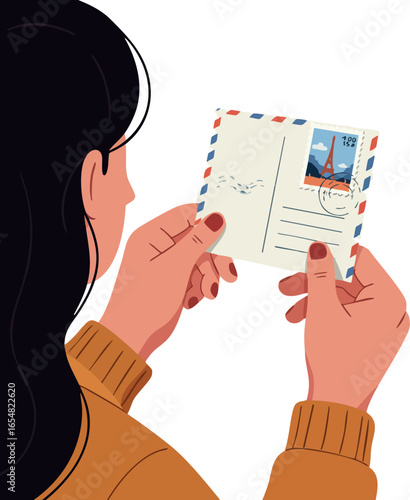 Woman holding postcard with Eiffel Tower stamp romantic travel correspondence vector illustration 