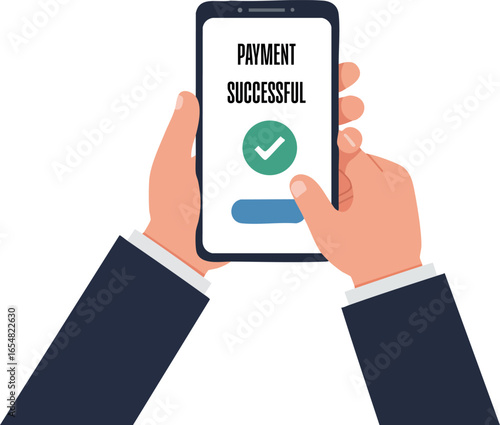 Successful payment confirmation on mobile phone with human hands vector illustration 