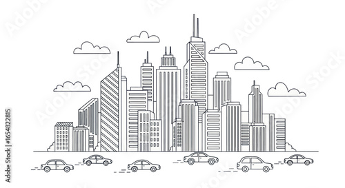 Line art illustration of a city skyline with various skyscrapers and cars traveling on a road in the foreground, with clouds in the sky.