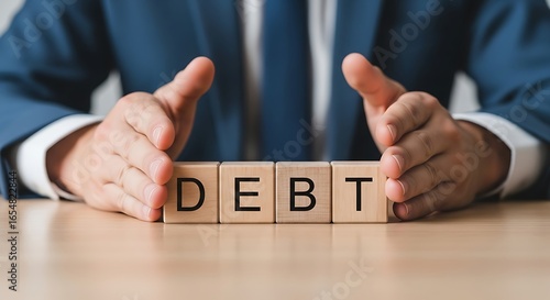 Protecting Finances Businessman Covers Debt with Hands on Blocks