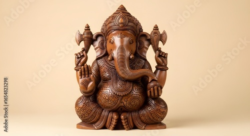 Wallpaper Mural Intricately Carved Wooden Ganesha Statue on Neutral Background, Hindu Deity and Symbol of Wisdom Torontodigital.ca