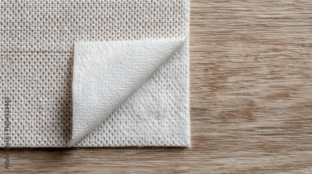 Fototapeta premium Close-up of white textile fabric with folded corner on wooden surface