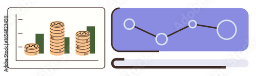 Bar graph with coin stacks indicating financial growth and analytics graph tracking performance trends. Ideal for finance, data analysis, business strategy, investment, profit tracking, economics