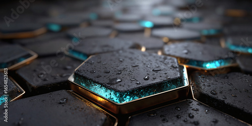 Futuristic wet hexagonal tiles with glowing blue light illustration © ITrenz