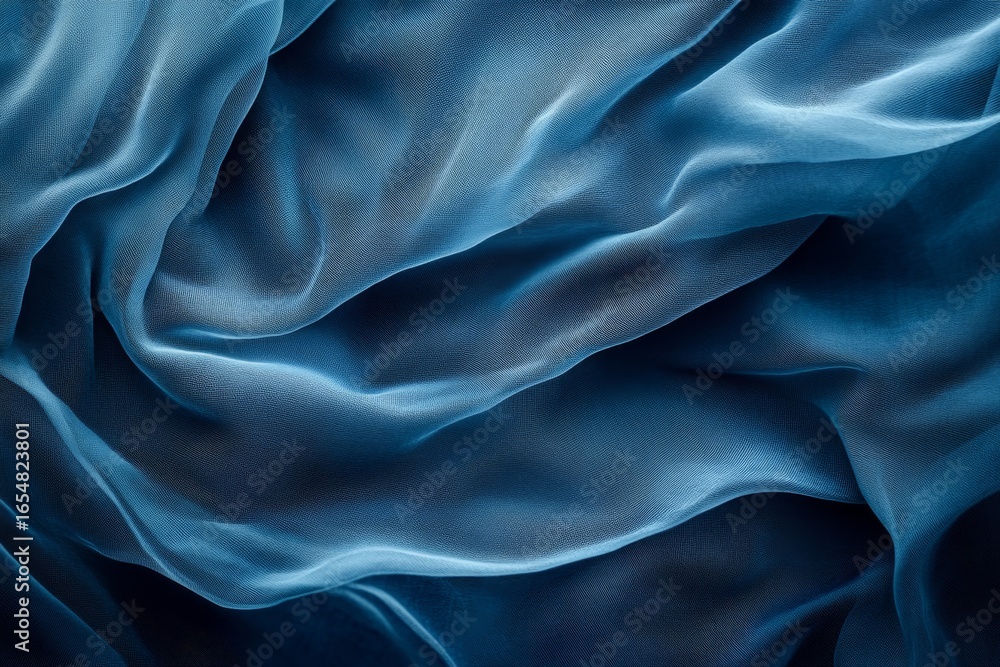 Fototapeta premium A close-up view of a smooth, flowing, deep blue silk fabric with soft, elegant drapes and folds, showcasing a rich and subtle color gradient.