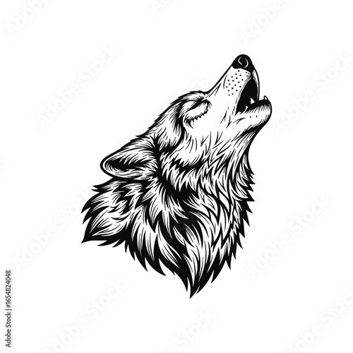 Black and white illustration of a howling wolf head.
