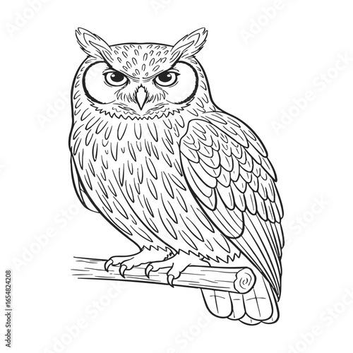 Detailed black and white line art of an owl perched on a branch.