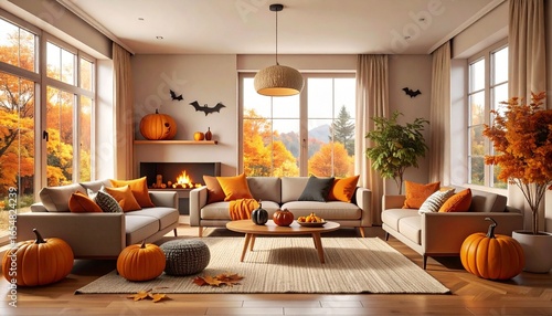 Wallpaper Mural Scandinavian scandi modern minimalist cozy living room interior with fall and halloween decor Torontodigital.ca