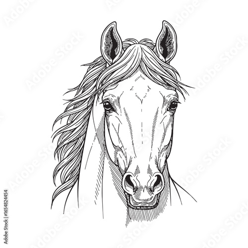 Elegant horse head portrait line art drawing.