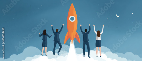 Illustration of a business team celebrating the launch of a new project, symbolized by a rocket taking off into the sky.