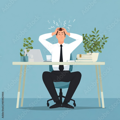Cartoon illustration of an overwhelmed office worker sitting at a desk with both hands on his head, surrounded by paperwork and a laptop.