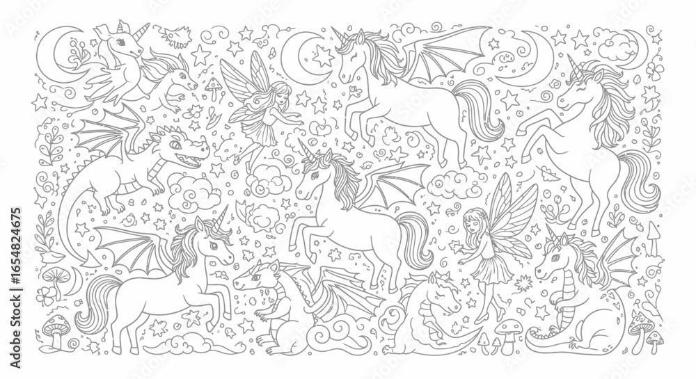 Fototapeta premium A whimsical illustration featuring various mythical creatures, including unicorns, dragons, and fairies, amidst stars and moons.