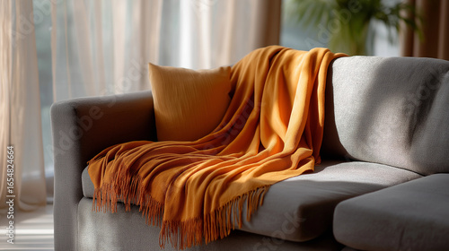 Cozy Orange Blanket on a Modern Sofa Bathed in Soft Sunlight