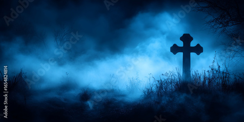 Dark Cemetery Cross in Foggy Night Scene with Blue Mist Atmosphere