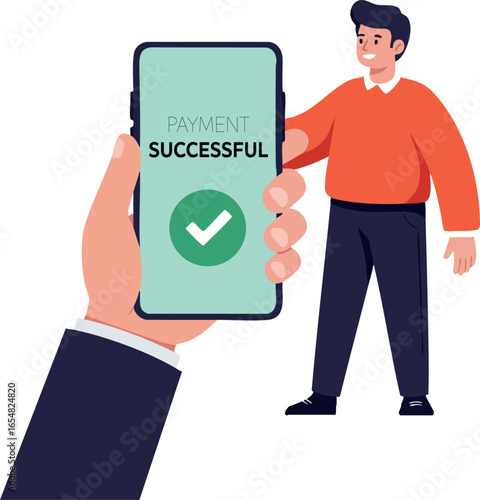 Successful match notification on smartphone with happy man in red sweater vector illustration 