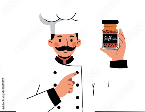 Chef holding saffron spice jar promoting cooking ingredient vector illustration 