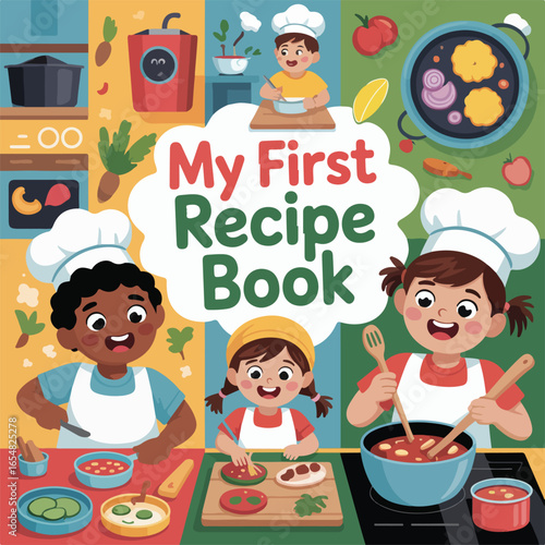 Children cooking with my first recipe book featuring diverse kids preparing food and kitchen utensils around them
