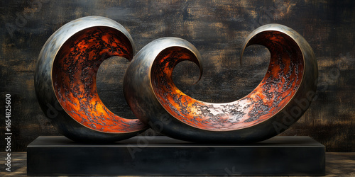 Abstract Metal Wave Sculpture with Rust Texture on Dark Background Interior Decor