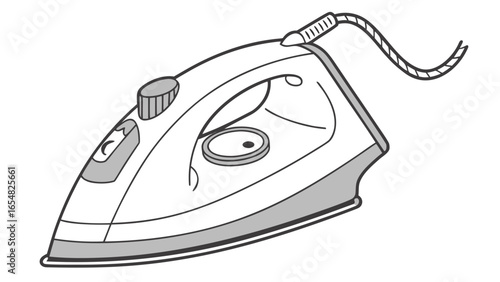 Illustration of a white and gray iron with a cord and visible settings and water fill cap detail created with generated ai