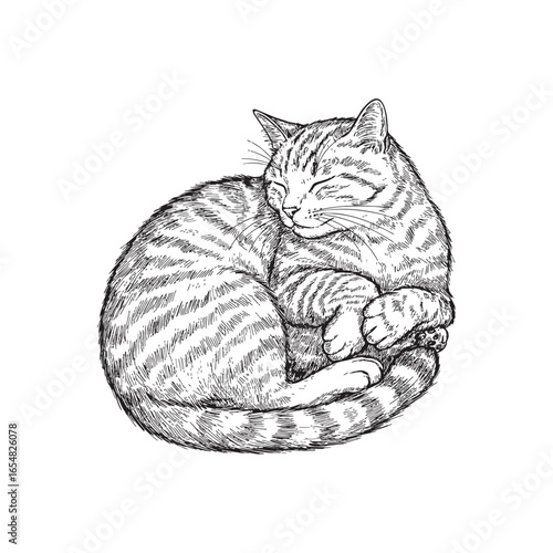 Handdrawn sketch of a sleeping tabby cat curled up peacefully 1.