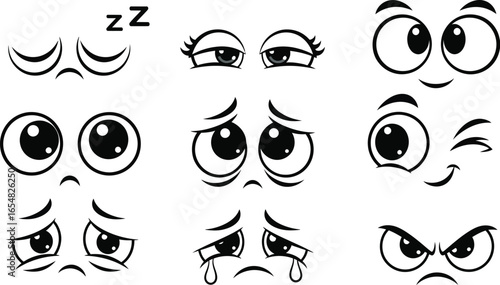 Expressive cartoon eyes show emotions: happy, sad, sleepy, angry