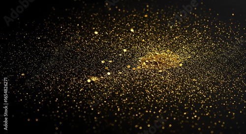 Sparkling gold glitter dust scattered across a dark black background with soft bokeh effects