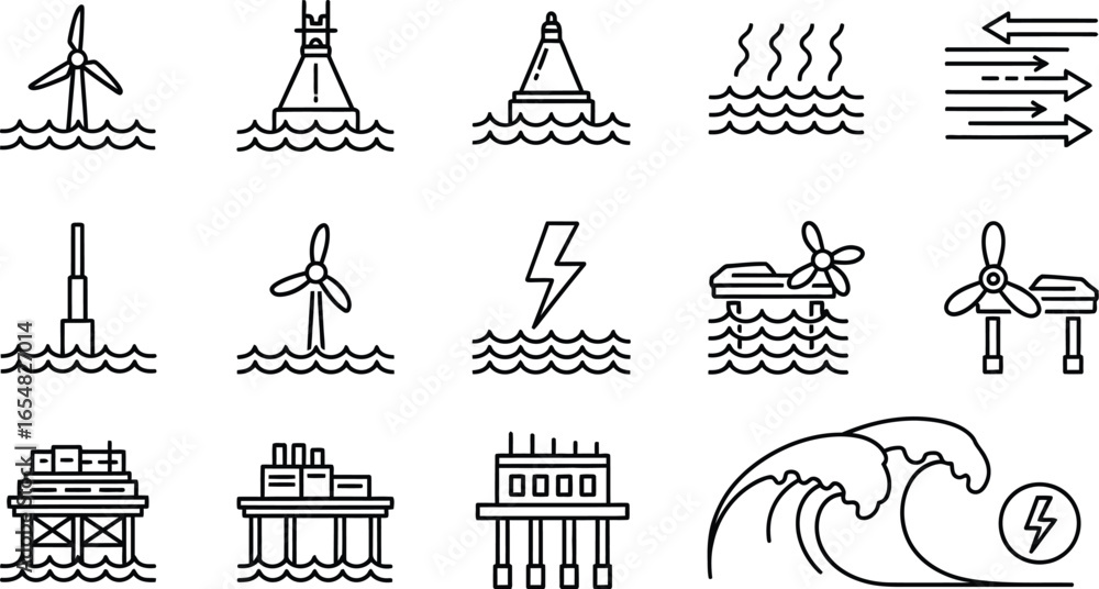 Naklejka premium Clean energy icons for ocean power generation systems