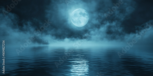 Full Moon Over Calm Water with Misty Clouds and Dark Night Reflection