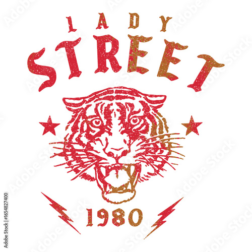 Colorful vintage tiger graphic streetwear design with fierce wild cat illustration stars and lightning retro lady street 1980 style for trendy t shirt print