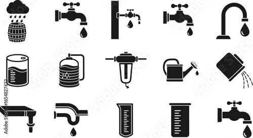 Water icons: taps, filters, watering cans, barrels, and tanks