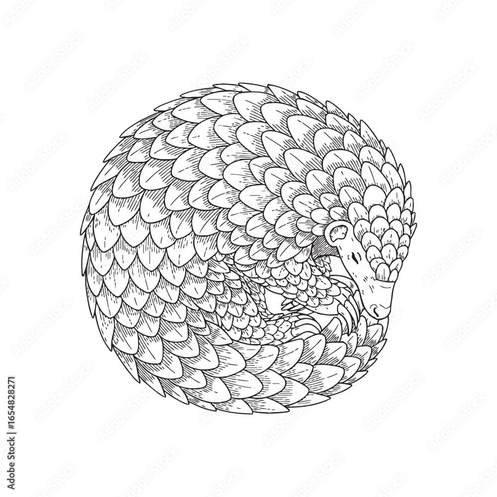 Fototapeta premium Pangolin curled into a defensive ball sketch illustration.