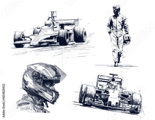 Formula 1 racer. F1 car pilot sketches, racers characters race fast sport championnat extreme competition man driver in helmet portrait tattoo sketch engraved vector illustration
