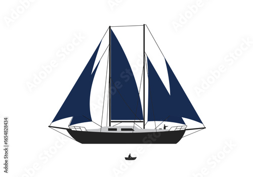 Elegant Dark-Blue Sails Schooner Yacht Illustration.