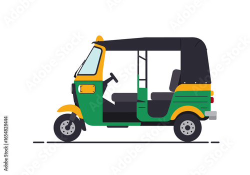 Green and Yellow Auto Rickshaw Three-Wheeled Passenger Vehicle.