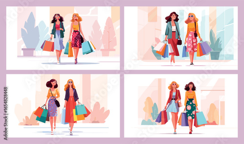 Girl friends shopping time. Fashion women with shop bag walking in mall and talk, woman day relax girlfriends shoppers in clothes store shopogolic concept scenes vector illustration
