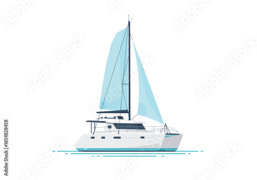 Elegant White Sailing Catamaran with Light Blue Sails.